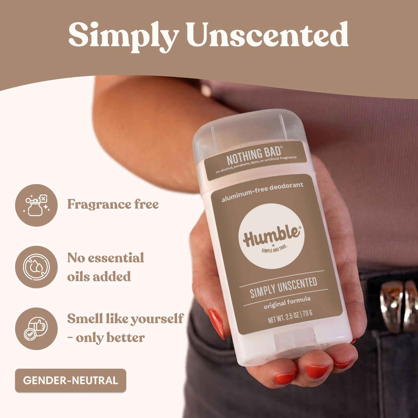 Humble Aluminum-Free Deodorant for Women & Men, Simply Unscented - Clean & Fresh Natural Deodorant Stick with Essential Oils for Long-Lasting Odor Control - 1 Pack