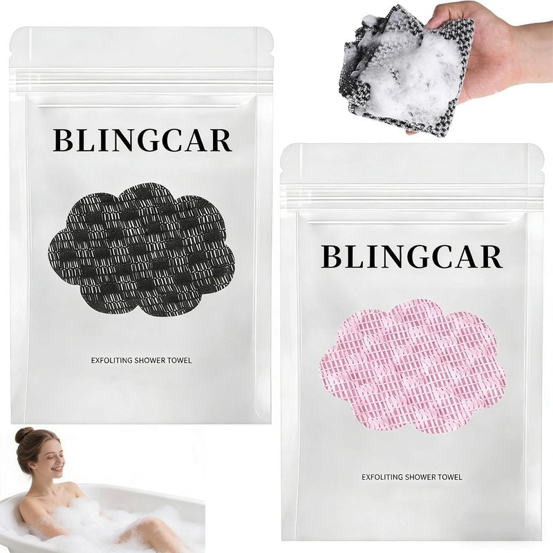 Blissal Exfoliating Shower Towel, 2 Pack Black and Pink - Long Japanese Korean Style Dead Skin Remover, Back Scrubber Washcloth for Men Women, Quick Dry Travel Essential for Smooth Skin