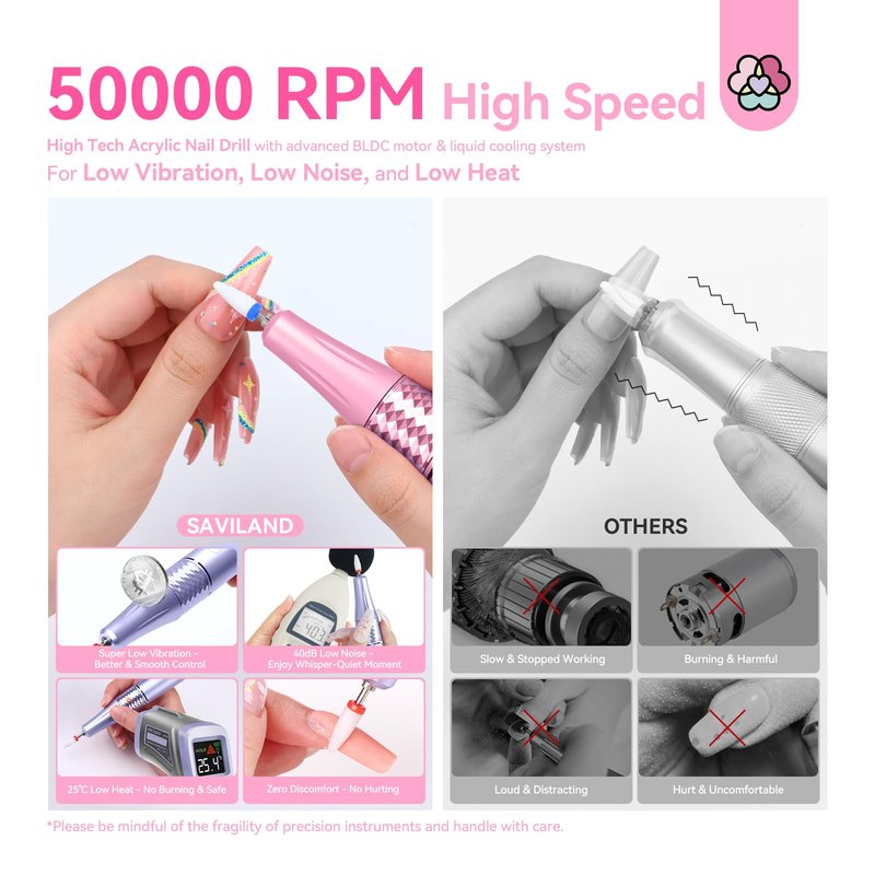 SAVILAND Electric Nail Drill 50000 RPM: Cordless Electric Nail File 10 H Battery Life Rechargeable Nail Drill Kit with Ceramic Drill Bits for Acrylic Nail Removal Ambient Light Black and Pink Ombre