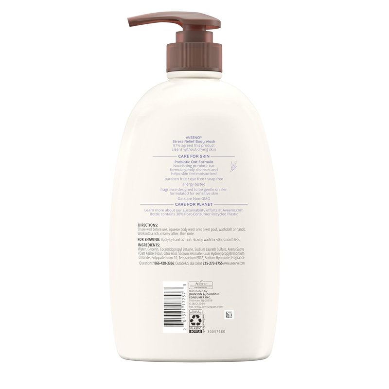 Aveeno Stress Relief Body Wash for Women, Calming Lavender Scent & Prebiotic Oat, Cleanser for Sensitive Dry Skin, Paraben, Dye & Soap-Free, 33 Fl Oz