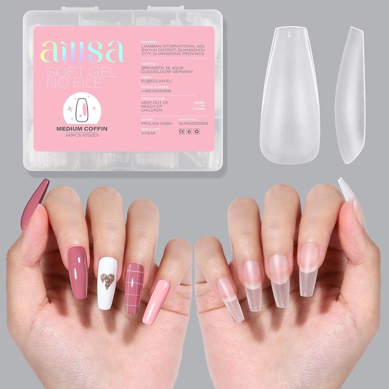 Coffin Nail Tips - Upgraded Matte Soft Full Cover Gel | 240 Pcs Pre-Shaped Acrylic Press-On Nails, 10 Sizes