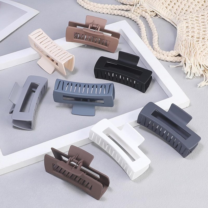 Large Hair Clips for Thick Hair - 8 Pcs Square Acrylic Claw Clips | Stylish Grey Brown Hair Accessories