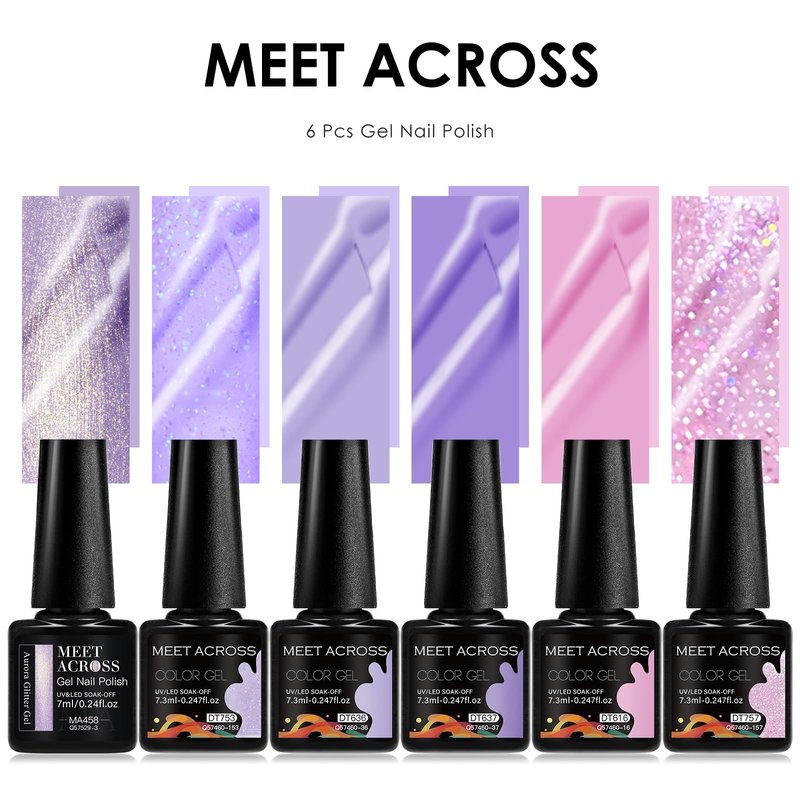 MEET ACROSS Gel Nail Polish Set 6 Colors Purple Glitter Gel Nail Polish Neutral Pearl Pink Shimmer Mermaid Nail Drawing Soak Off LED Art Kit Salon DIY Gift for Women
