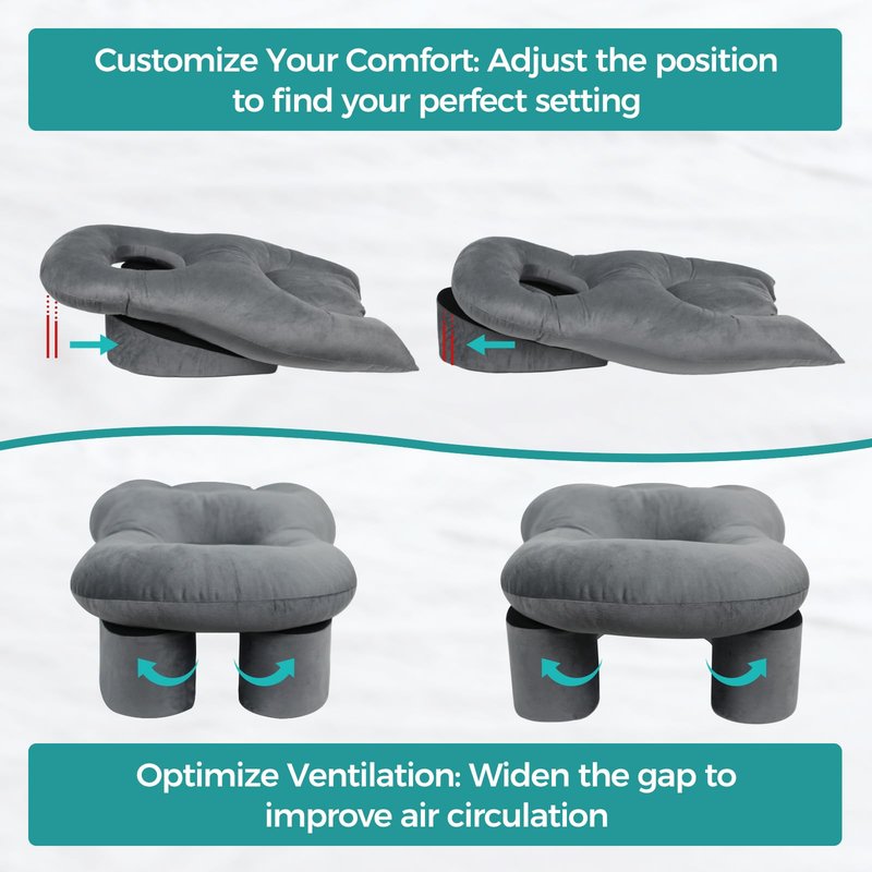 Gliterra Face Down Recovery Pillow for Eye/BBL Surgery - Prone Massage Headrest with Adjustable Airflow, Plush Velvet Cover, Retinal Vitrectomy Equipment (Grey, Large, Removable Base Cover)