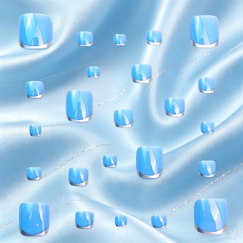 24Pcs Sliver French Tip Press on Toenails Summer Acrylic Toe Nail Press ons Short Square Fake Toenails Glossy Blue Toe Press on Nails Reusable Stick on Toenails for Women Nail Supplies