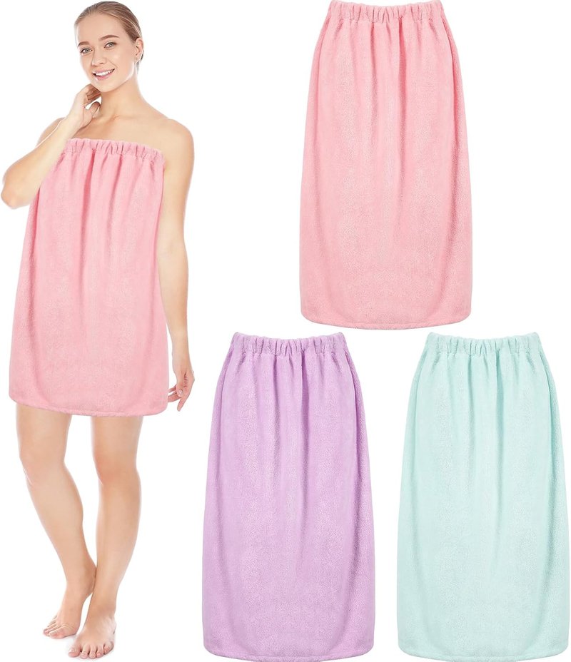 Cuffbow 3 Pcs Towel Wrap for Women Spa Body Robe Full Length Female Bath Shower with Adjustable Closure Elastic Top Plush