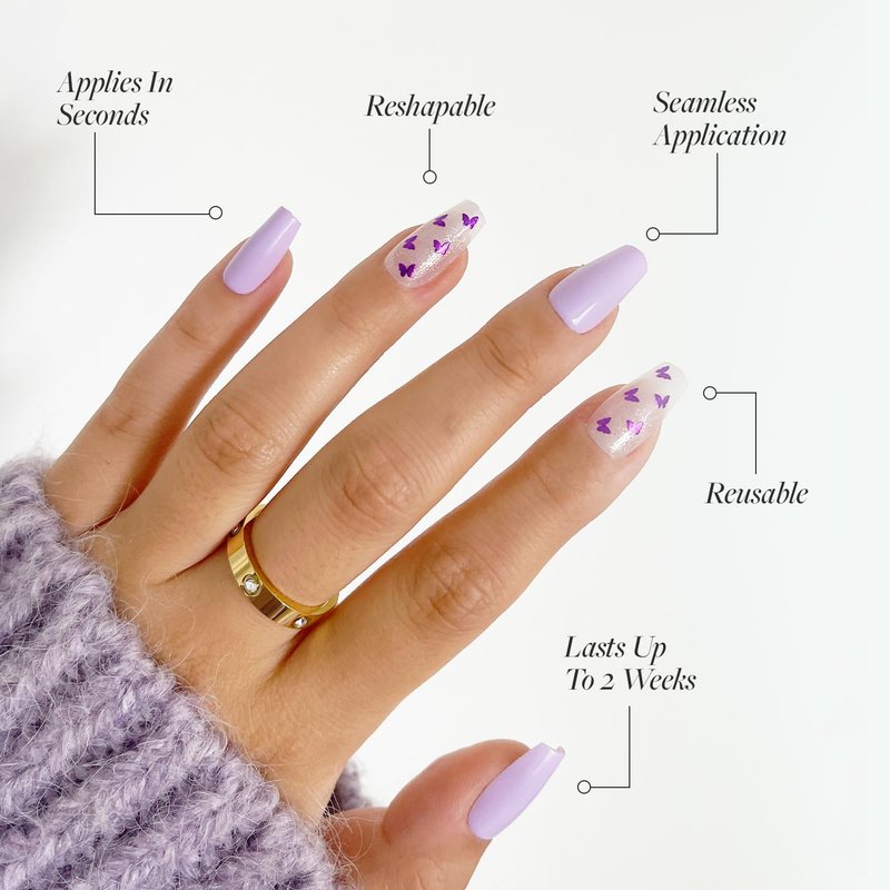 Glamnetic Glossy Short Coffin Nails with Salon UV Finish, Mariposa Reusable Opaque Press On Nails in 12 Sizes - 30 Nail Kit with Glue