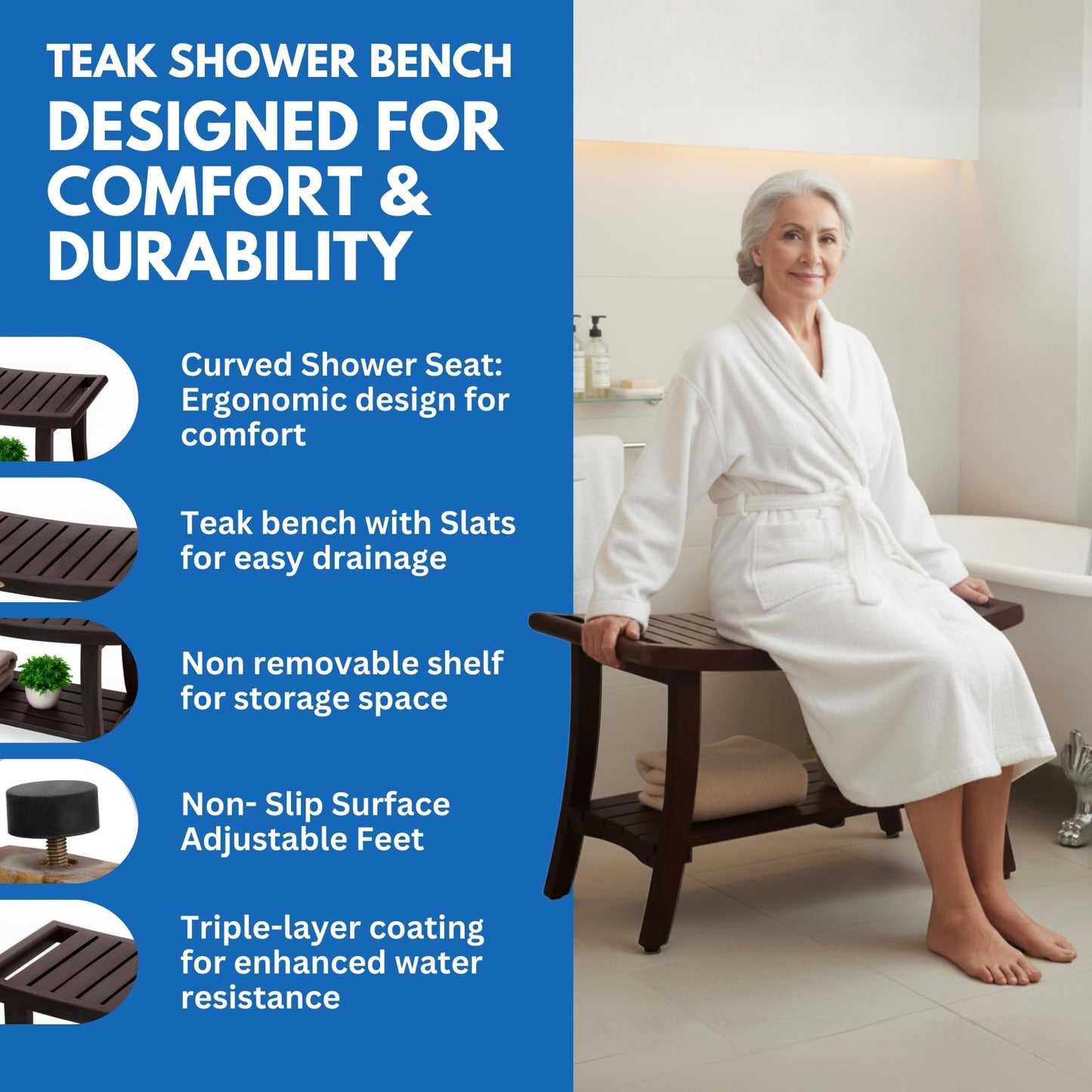 DecoTeak Harmony 30 Inch Brown Waterproof Teak Wood Shower Bench | Provides Safety, Storage, and Organization for Bathroom Accessories