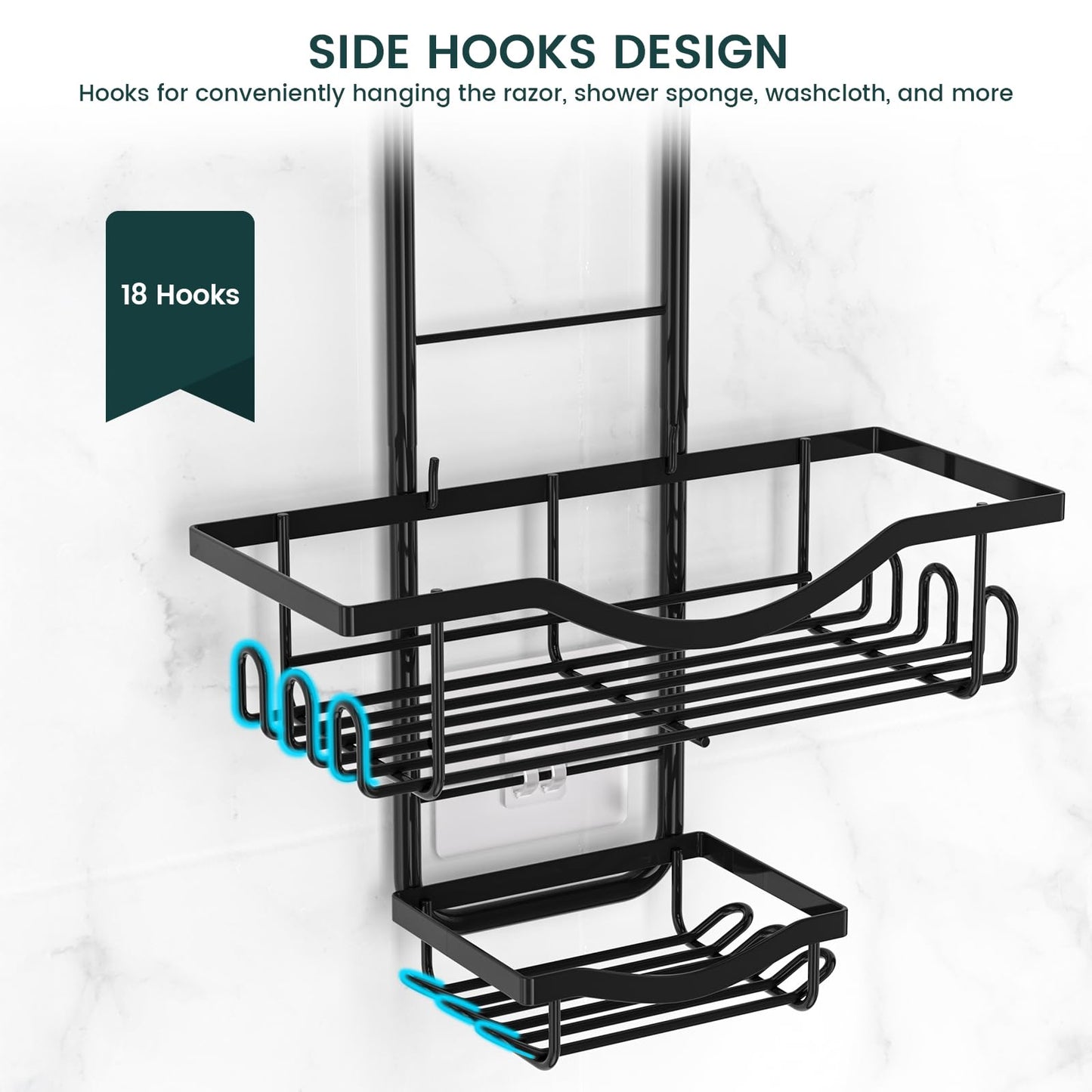 Shower Caddy Hanging Adjustable Shower Caddy, Rustproof Shower Organizer Extended Length Shower Caddies Over Shower Head with Hooks Soap Holder, Large Capacity Anti-Swing Bathroom Storage, Black