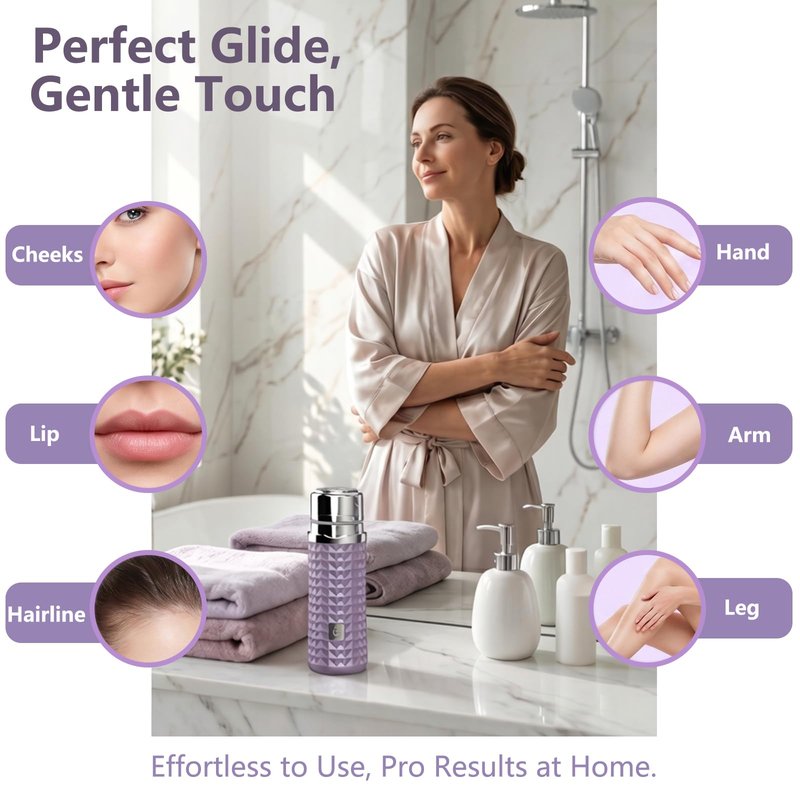 Painless Facial Hair Removal for Women, Electric Face Shaver, Portable Peach Fuzz Trimmer for Lip, Chin & Cheeks, USB-C Rechargeable 90 Mins Cordless Shaver, Gentle for Sensitive Skin (Purple)