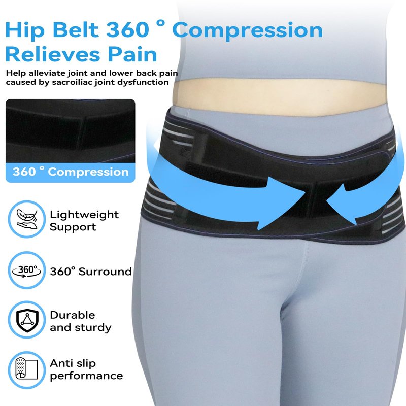 KkaFFe Sacroiliac Hip Belt, Sacroiliac SI Joint - Lower Back Support Brace for Women and Men,Trochanter Belt, Non-Slip, Adjustable & Breathable Pain Relief Brace (Black, Medium)