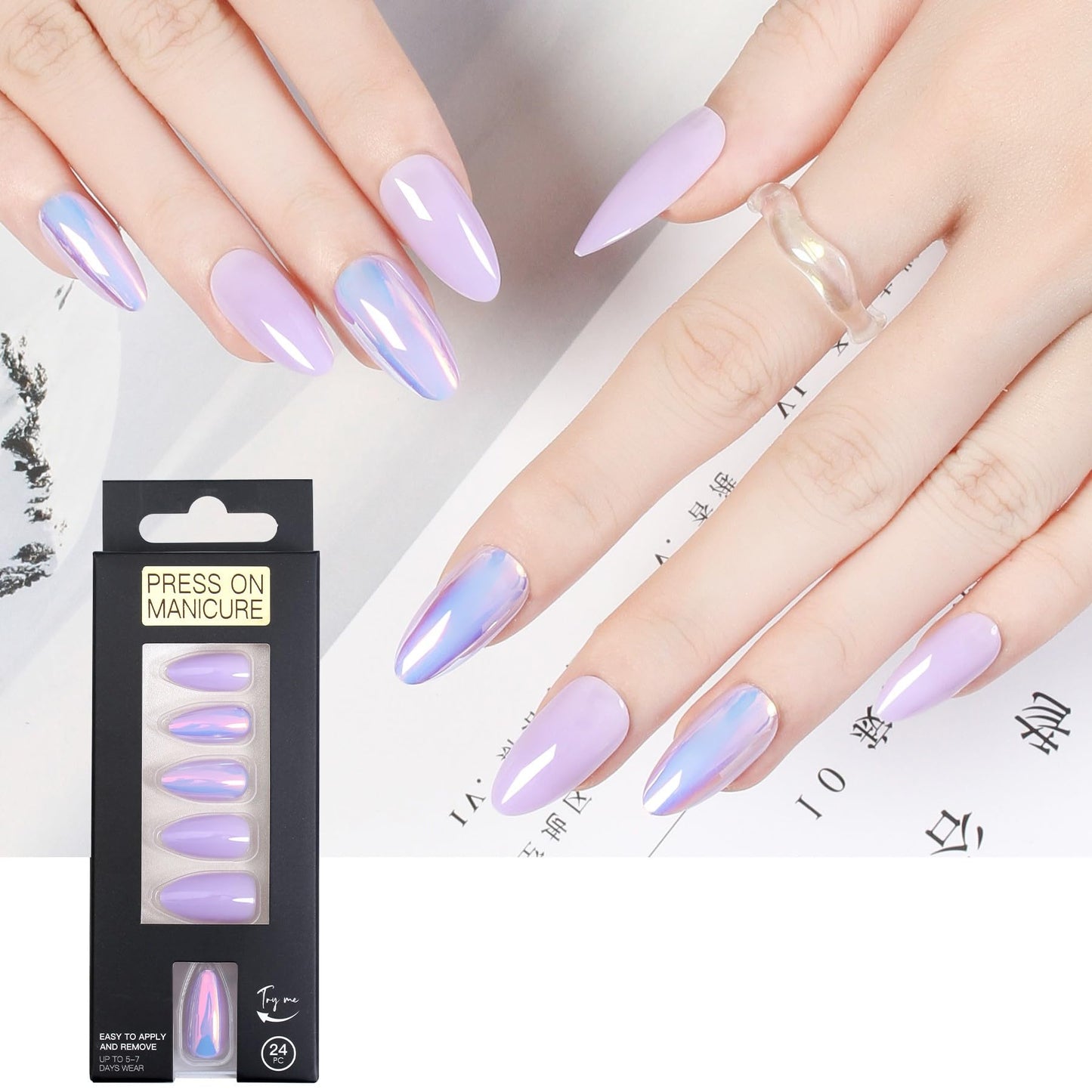Withered Hnad Press On Nails - Semi-Transparent Glitter Short Almond False Nails, Reusable Stick On Fake Nails with Glue | Salon Quality - 24 Nails Kit