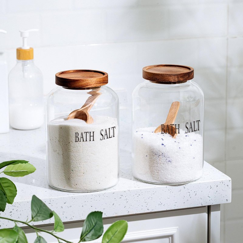 SiliFine 2 Sets 74 oz Large Bath Salt Container with Wooden Scoop for Glass Bath Salt Jar with Airtight Lid Storage Canister for Food, Flour, Sugar, Cookie, Kitchen