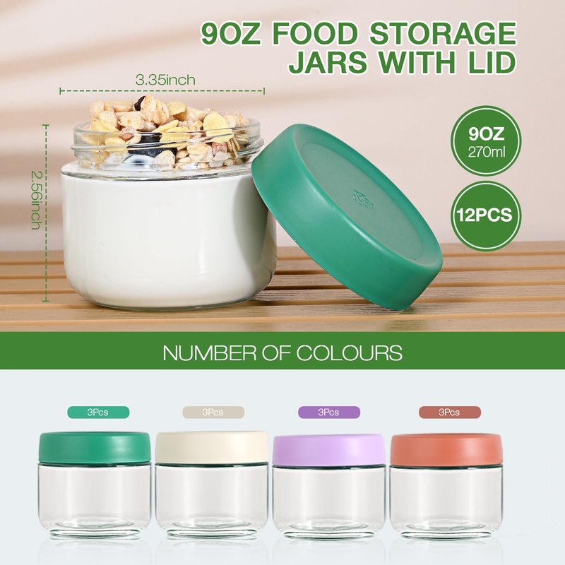 Hoa Kinh 9oz 12Pack Overnight Oats Jars with Lids, Leak Proof Small Jars for Overnight Oats, Cereal, Clear Empty Glass Jar with Lids for Kitchen(Red, Green, Purple and White)