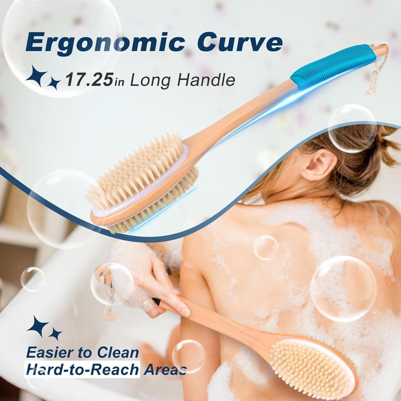 Ergonomic Long Handle Back Scrubber - Double-Sided Exfoliating Body Brush for Men & Women | Blue Color