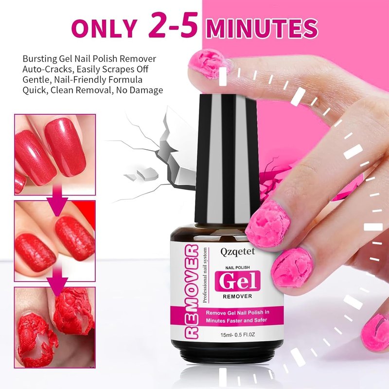 Qzqetet Gel Nail Polish Remover Kit - 15ML(0.5fl.oz) Fast Gel Remover with Latex Tape Peel Off Liquid and Manicure Tools, No Soaking or Wrapping Needed, Easy Removal for Gel Nails
