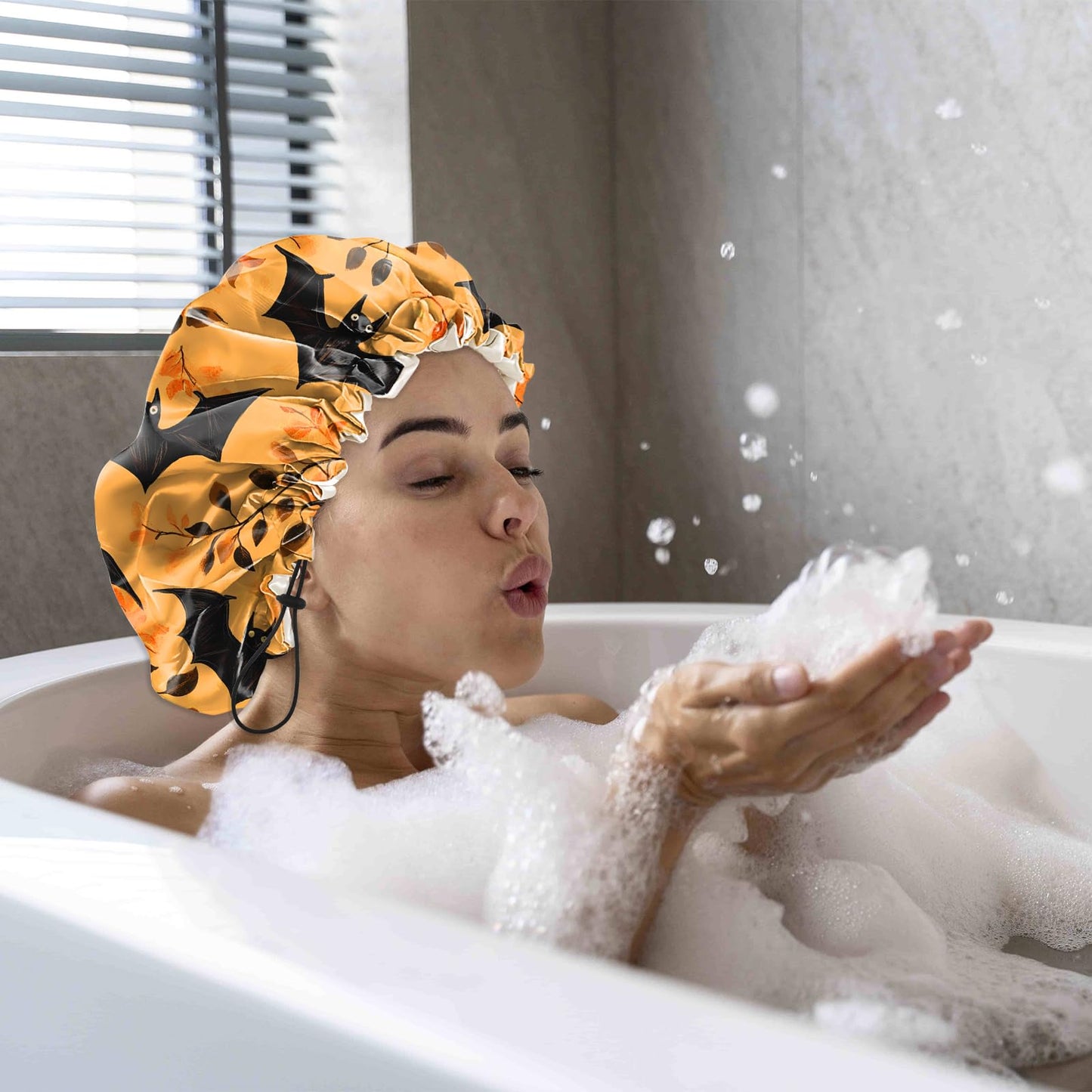 Cabreche Luxury Shower Cap Satin Silk Lined Adjustable Elastic Reusable Waterproof Shower Bath Cap Cute for Women Girls-Orange Bat