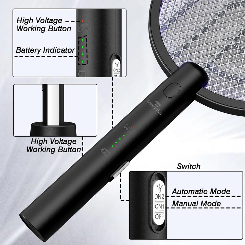 Gooqand Bug Zapper Racket, 2 Mode Fly Swatter USB Rechargeable, 4000V Electric Fly Zapper with 3 Layer Safety Mesh，Electric Racket for Kitchen, Home, Garden and Outdoors