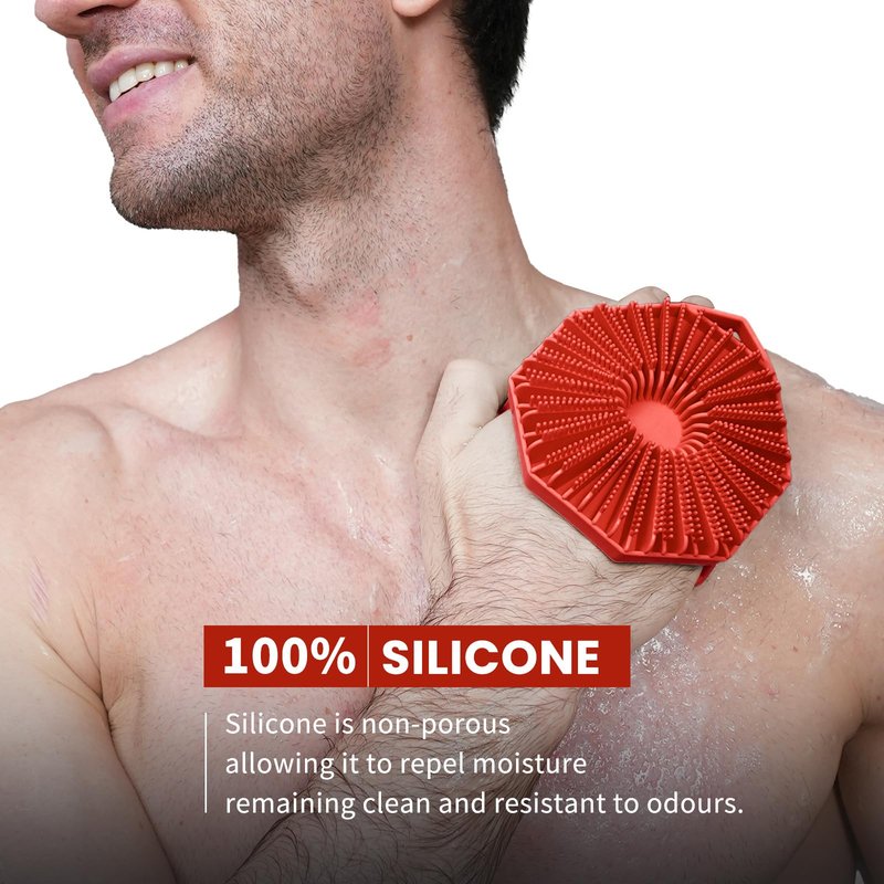 iTokGoK® Silver-Infused 2-in-1 Silicone Body Scrubber, Double-Sided Design Body Brush Silicone Body Scrubber Exfoliating Body Brushes for All Skin for Showering, Lathers Well- Red