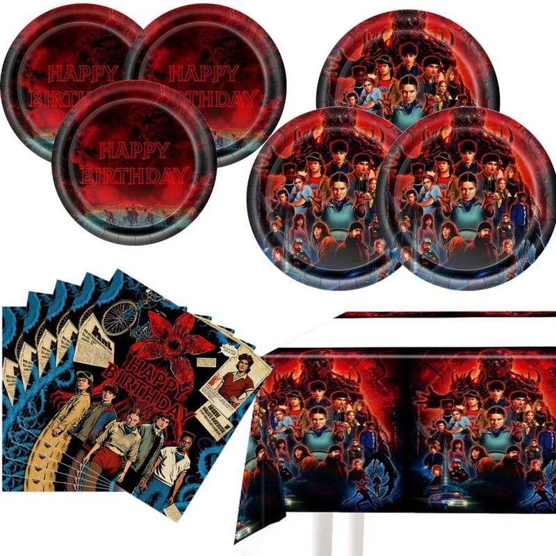 S.tr.anger Party Tableware Set - 20 Plates, 20 Napkins & 71'' x 42'' Tablecloth for Birthday Celebrations