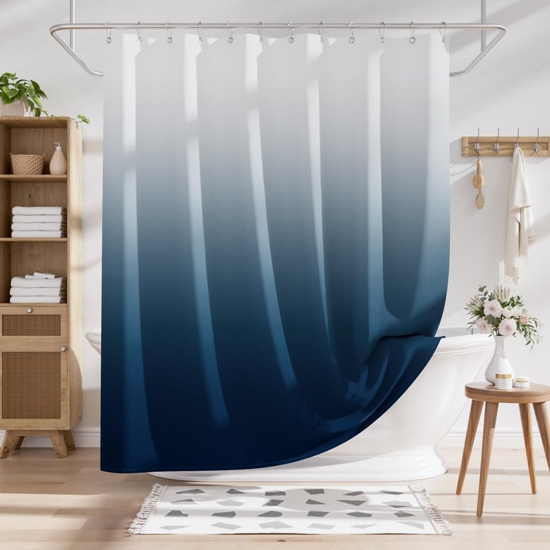 AmazerBath Shower Curtain, Cloth Ombre Blue Curtain Set with 12 Hooks, Washable Fabric Navy and White Curtain, Rustic Farmhouse Bathroom, 72x72 Inches