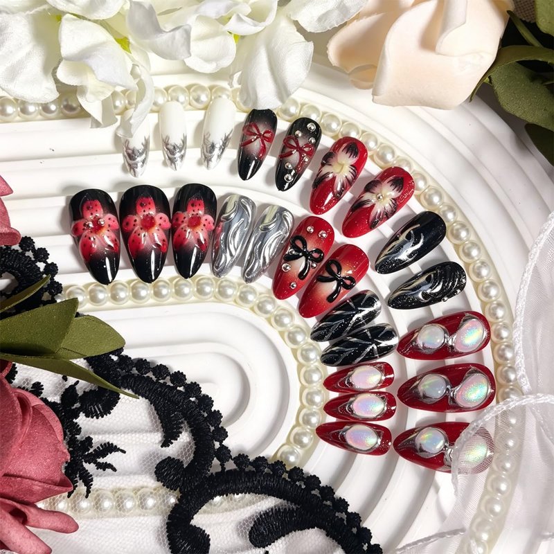 24Pcs Y2K Gothic Press on Nails Medium Almond Handmade Fake Nails Black Red 3D Flower Bow False Nails with Silver Metallic Designs Reusable Acrylic Nails for Women DIY Manicure Decorations
