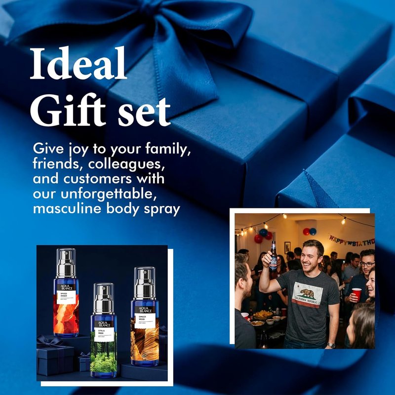 AQUA BLANCE Men's Body Spray - Long-Lasting Fragrance Gift Set | Travel Size 3-Pack, 60ml Each