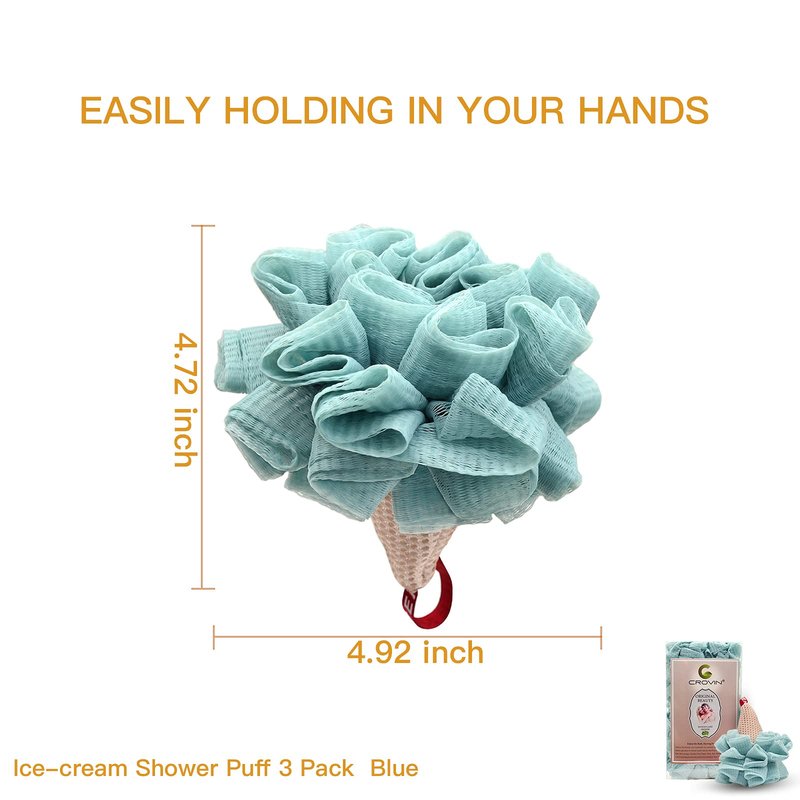 CROVIN Ice Cream Shower Pouf Mesh Ball Bath Loofah Sponge, Men and Children (Blue 4 Packs) Exfoliating Body Scrubber for Body Cleanse