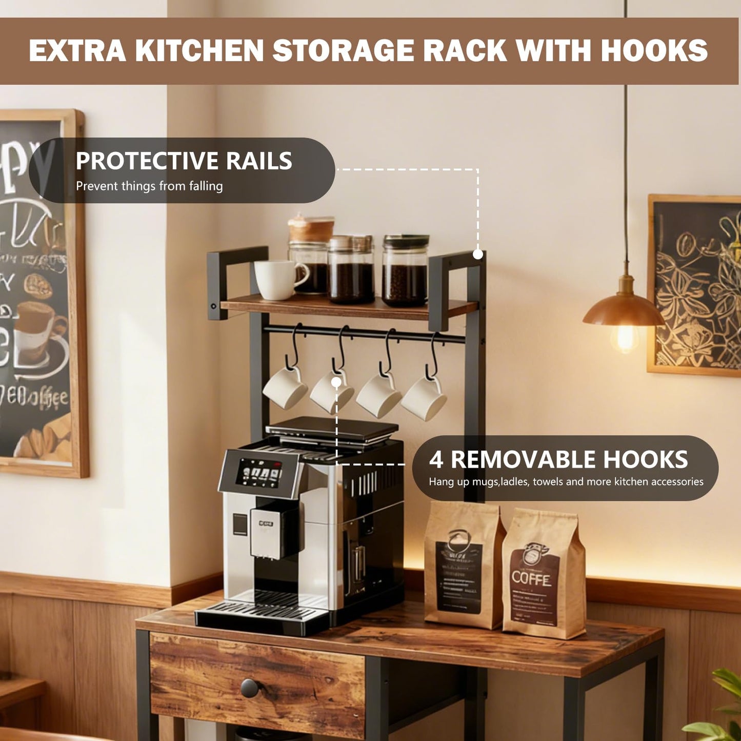 Bakers Rack with Storage,Microwave Stand with Drawer,6 Tier Coffee Bar Organizer Station,Adjustable Microwave Stand with Hooks,Free Standing Kitchen Appliance Storage Shelf,Baker Rack for Spices,Pots