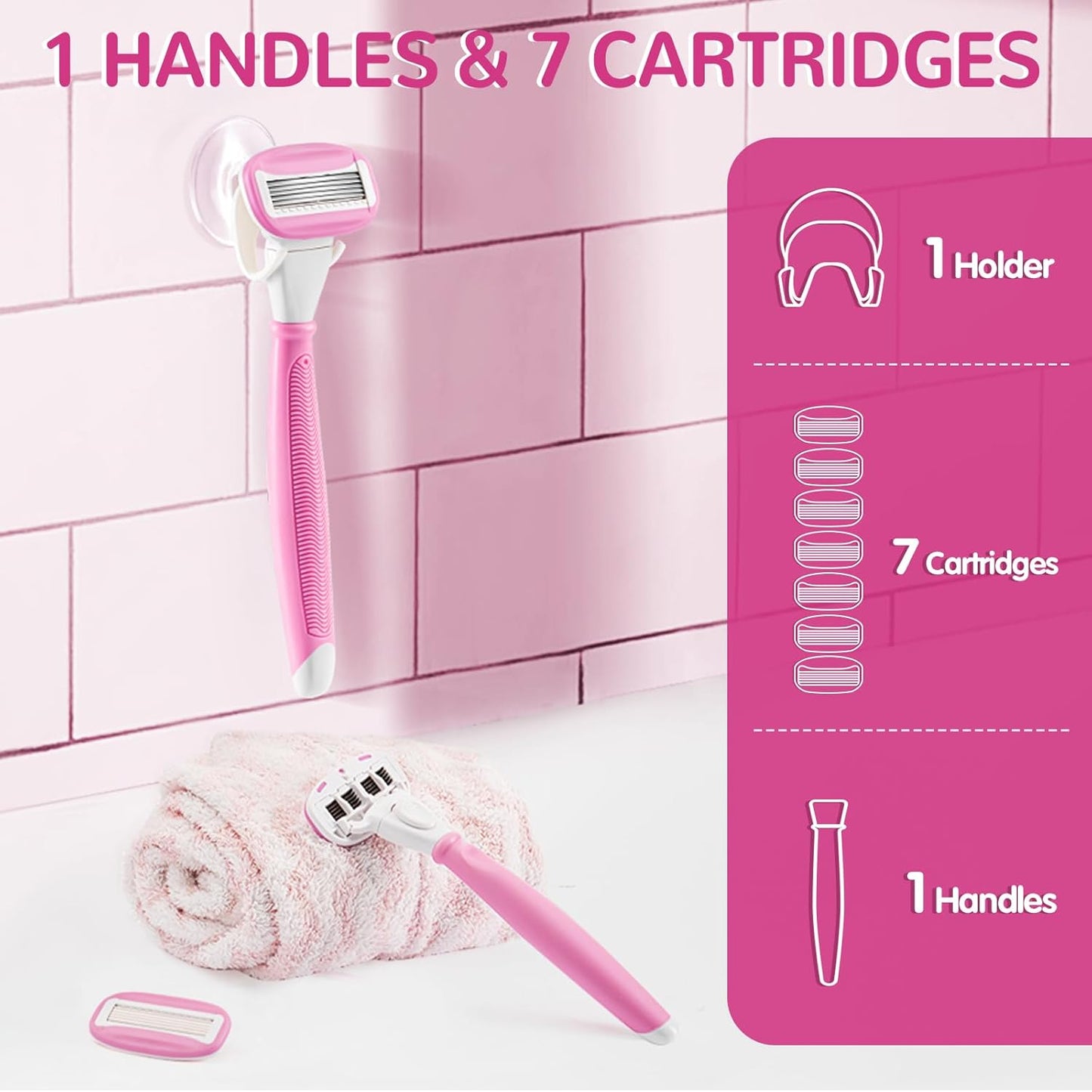 Women's Razors - 5 Premium Blades with Non-Slip Handle & Shower Holder | Pink, 360° Lubrication for Smooth Shaving