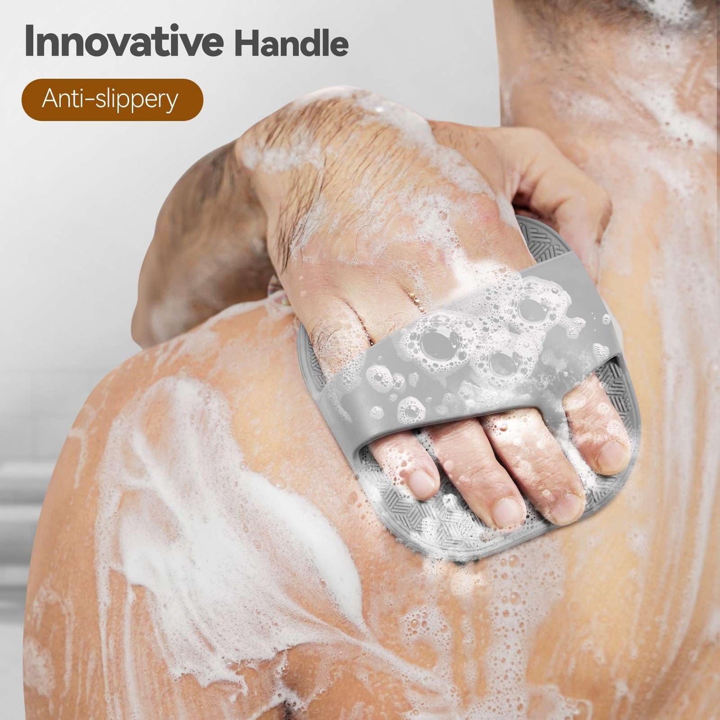 Silicone Body Scrubber for Men Women, Friendly Shower Body Scrubber for Sensitive Skin, Silicone Loofahfor Showering with Richer Foam Bristles and Anti-Slippery Handle, Gray
