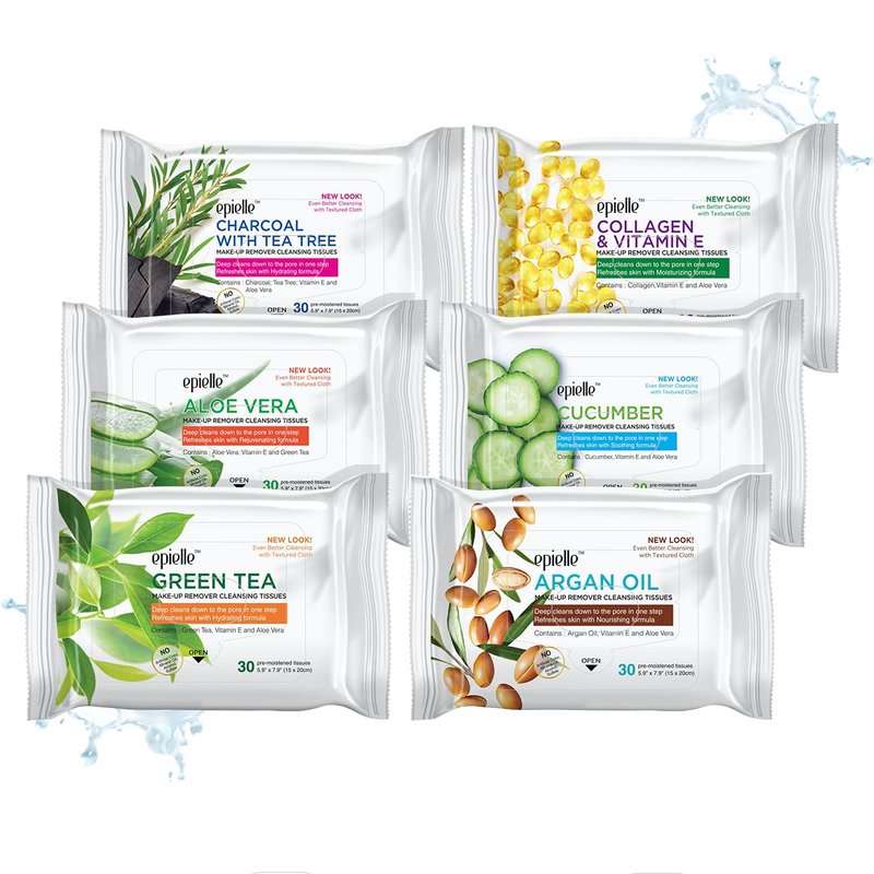 Epielle Makeup Remover Wipes - Gentle Facial Cleanser Towelettes with Collagen & Aloe Vera | 30 Count (Pack of 6)