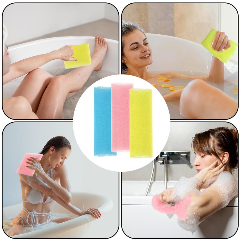 3 Pcs Exfoliating Washcloth, 35 Inch Exfoliating Bath Cloth Body Scrubber Wash Cloths for Showering Towel Japanese Washcloth Loofah Sponge Net Rag Back Washer