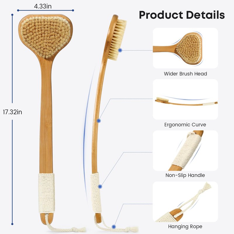 eaxun Bamboo Back Scrubber with Curved Long Handle, 17.3 Inches Exfoliating Shower Brush with Stiff Bristles for Men and Women, Back Washer Body Exfoliator for Bath or Dry Brushing