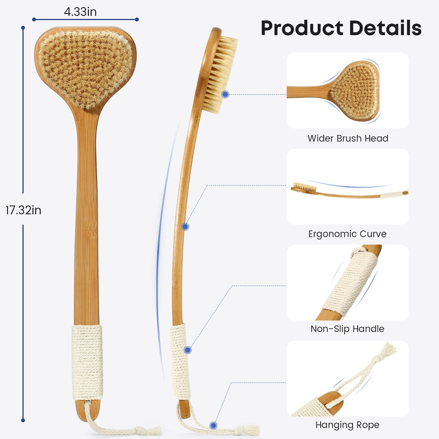 eaxun Bamboo Back Scrubber with Curved Long Handle, 17.3 Inches Exfoliating Shower Brush with Stiff Bristles for Men and Women, Back Washer Body Exfoliator for Bath or Dry Brushing
