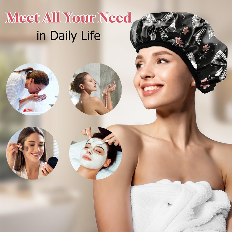 Deokke Luxury Shower Cap Terry Lined Elastic Triple Layer Waterproof Reusable Dry Hair Bathing Caps Aesthetic Cute for Women Girls-Grey black Bowknot