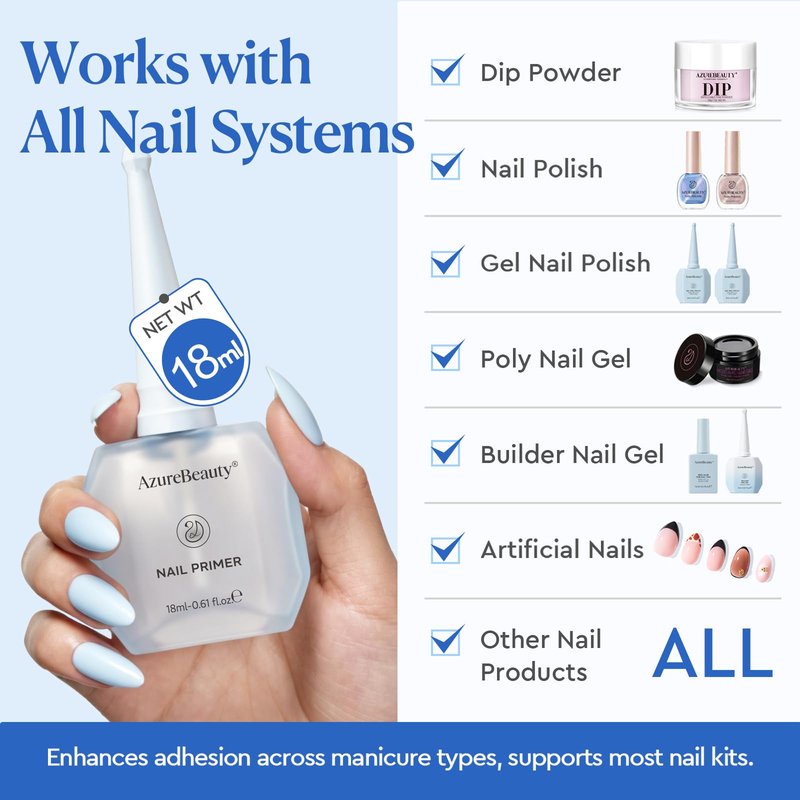 AZUREBEAUTY 18ml Nail Primer, No Lift Strong Adhesion Nail Prep Acid-Free & HEMA-Free Bond, Fast Air Dry for Gel Polish, Acrylic & Press On Nails Long-Lasting Salon Results