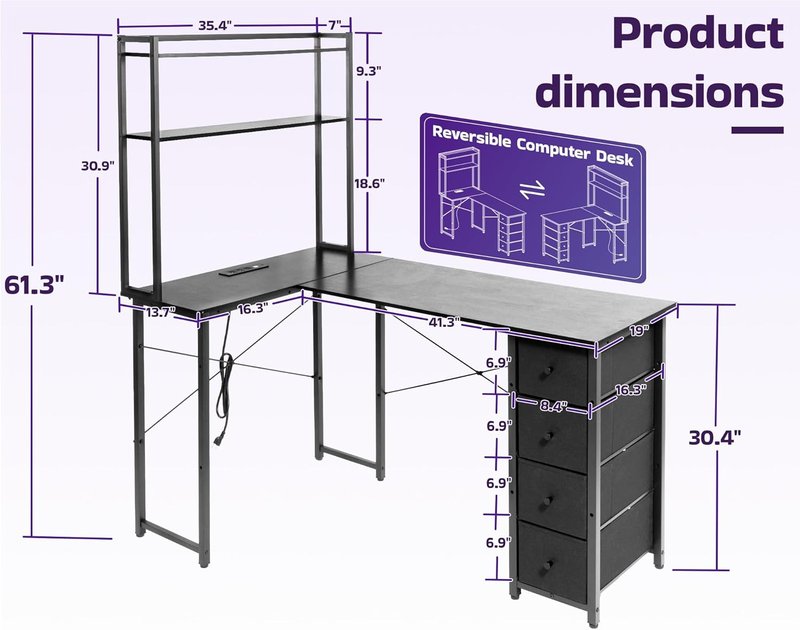 Aquzee L-Shaped Gaming Desk - 55" Reversible Computer Desk with Hutch, Drawers & LED Light | Black