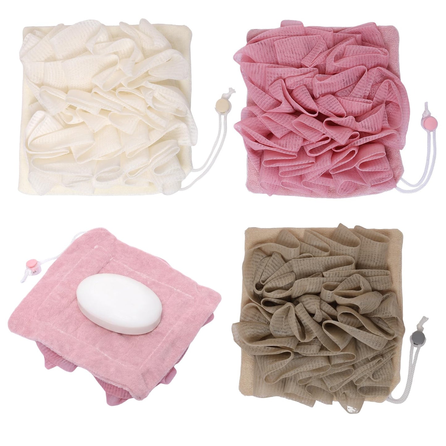 Fzxdfg 3PCS Soap Bar Loofah 2 in 1 Bar Loofah Pouch with Hold Soap for Effective Exfoliation Mesh Shower Bathing (Beige, Khaki, Pink)