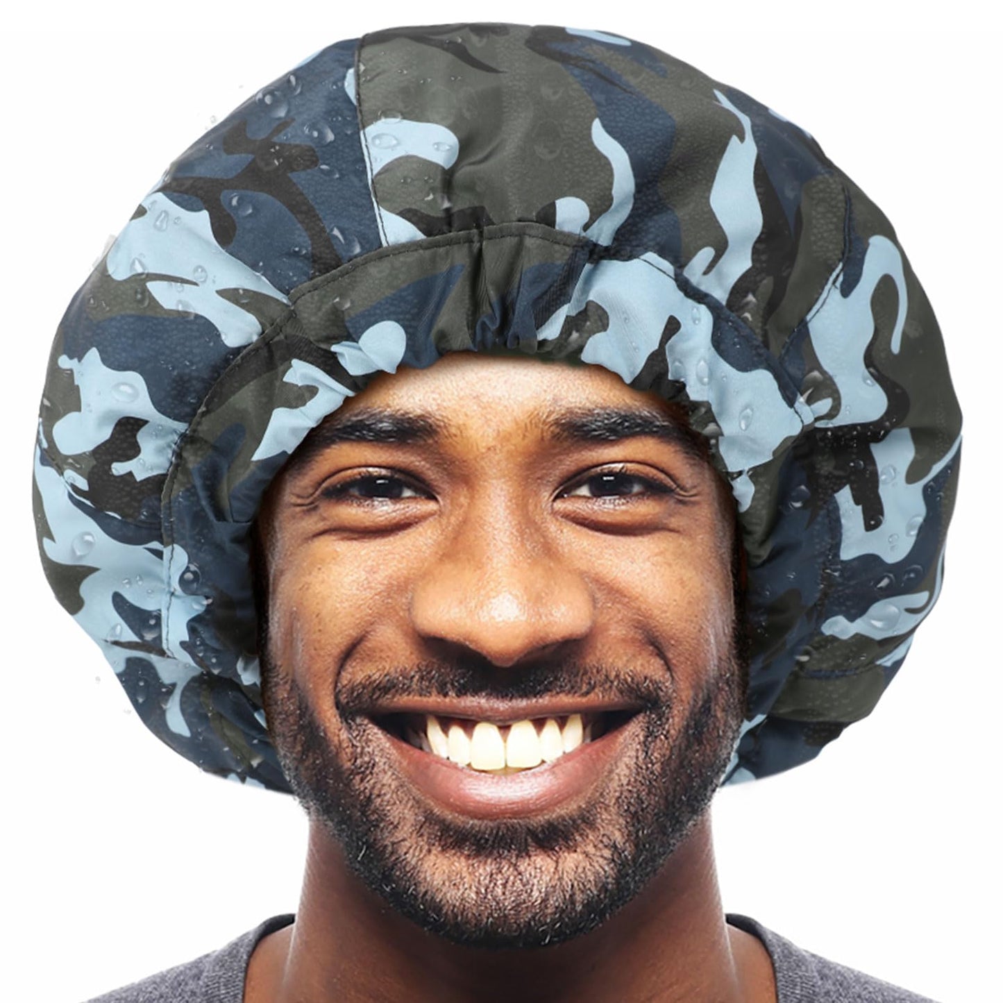 Shower Cap for Men Blue Camouflage Bath Cap, Reversible Large Waterproof Adjustable Shower Caps Terry Lining & Elastic Band Stretch Hem Hair Hat