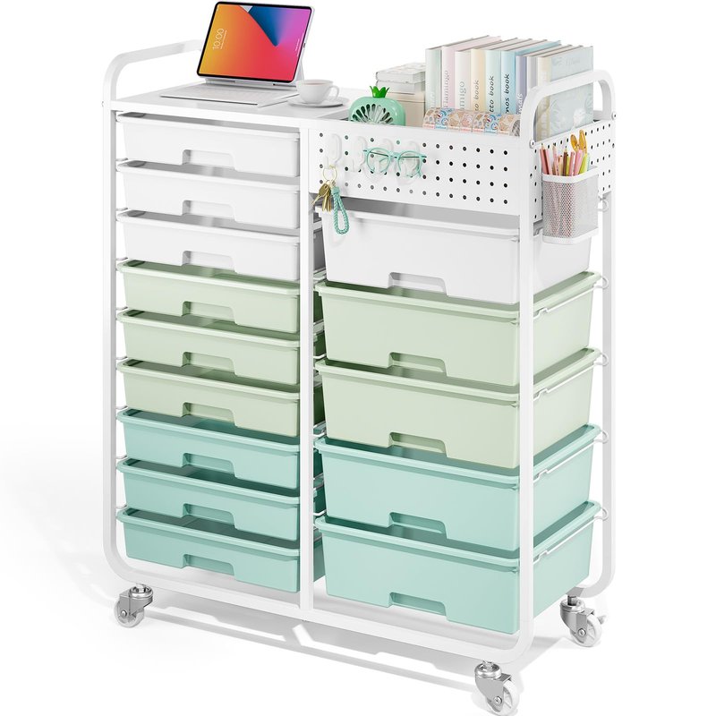 Rolling Storage Cart with 14 Drawers, Storage Organizer Cart with Tabletop and Pegboard,Utility Cart for Living Room, Classroom, Bedroom,Bathroom,Dorm,Office (Green)