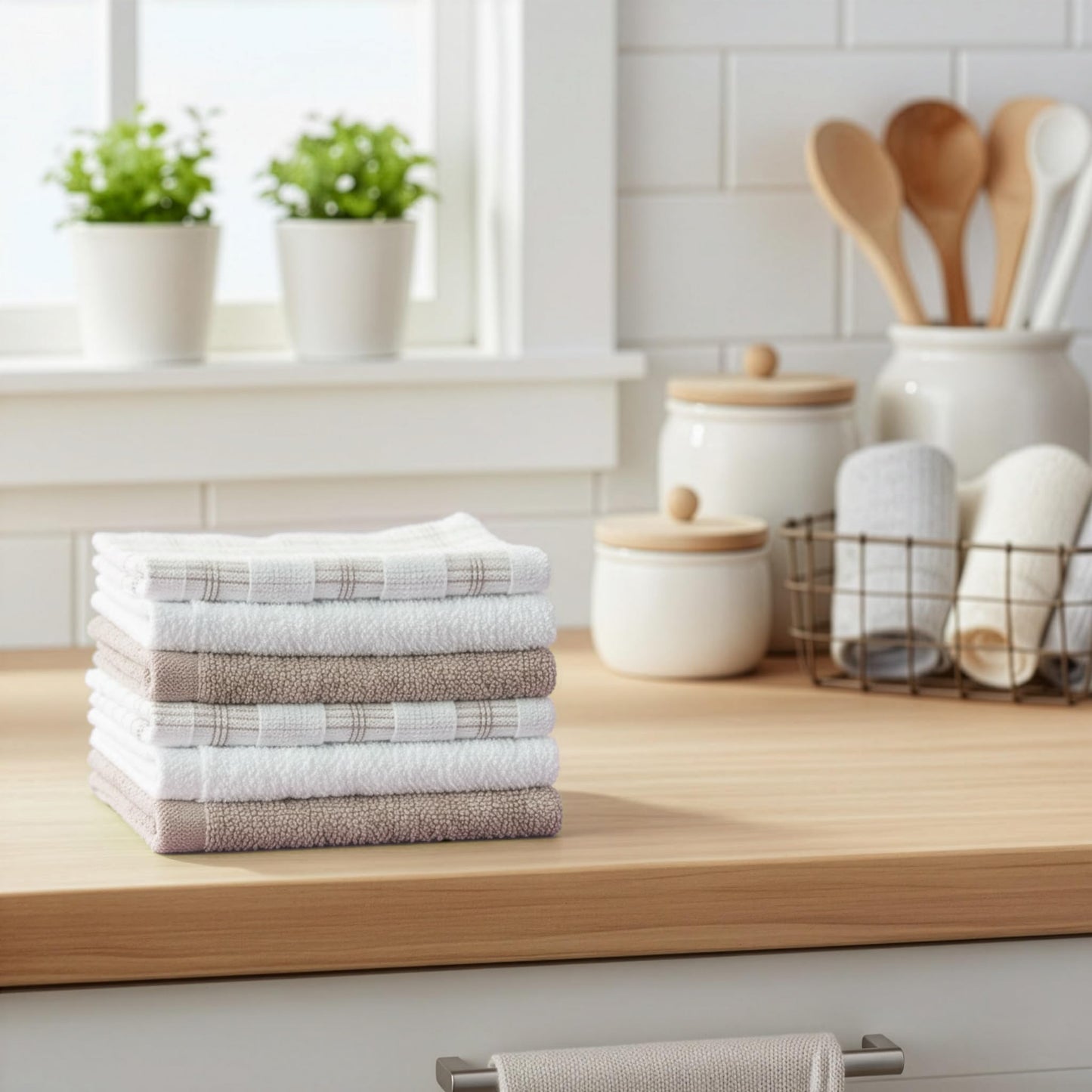 DecorRack 6 Pack 100% Cotton Yarn Washcloths, 12x12 inch Soft Cotton Face Towels, Absorbent and Durable Wash Cloth Set for Bathroom, Spa, Gym and Travel, Sand (Pack of 6)