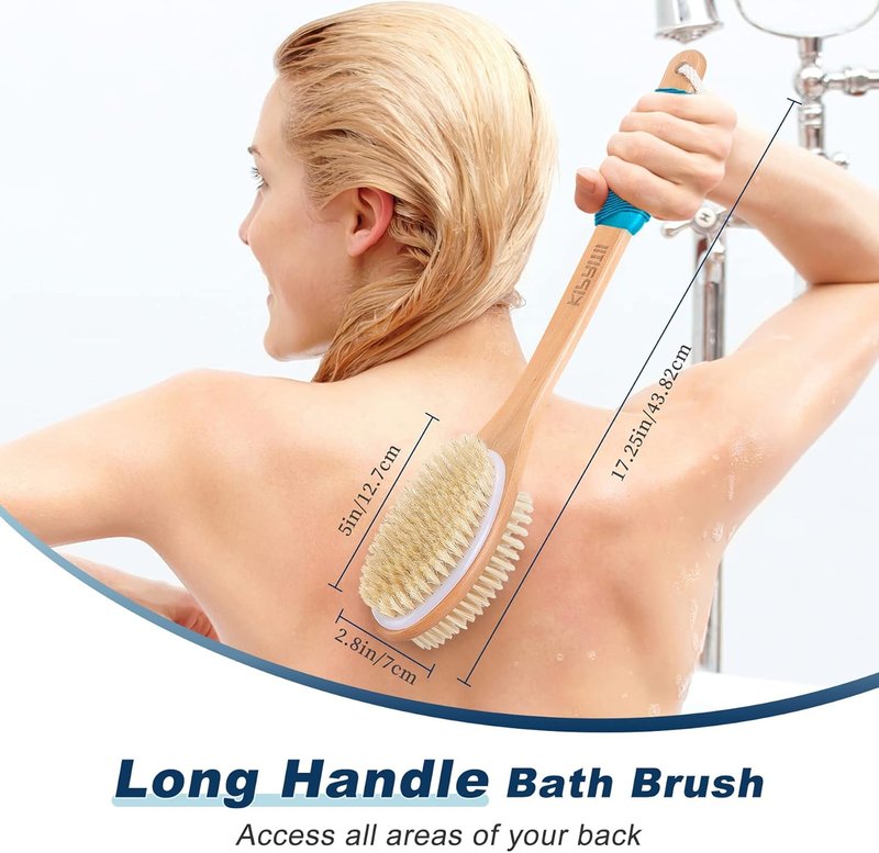 Ergonomic Long Handle Back Scrubber - Double-Sided Exfoliating Body Brush for Men & Women | Blue Color