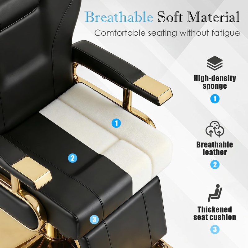 KIIUMI Barber Salon Chair, Black Gold Reclining Barbershop Chair, Heavy Duty Hydraulic Hair Stylist Armchair w/Footrest and Headrest, 360 ° Swivel Hairdresser Shampoo Spa Beauty Equipment