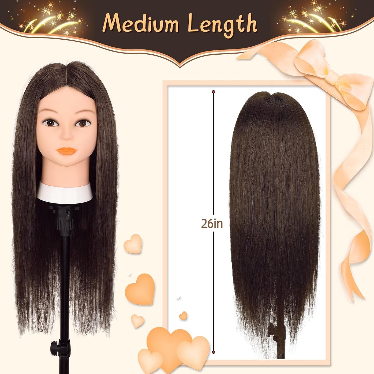Yofuly 26" Dark Brown Mannequin Head - 70% Human Hair Training Head with Clamp & Styling Tools