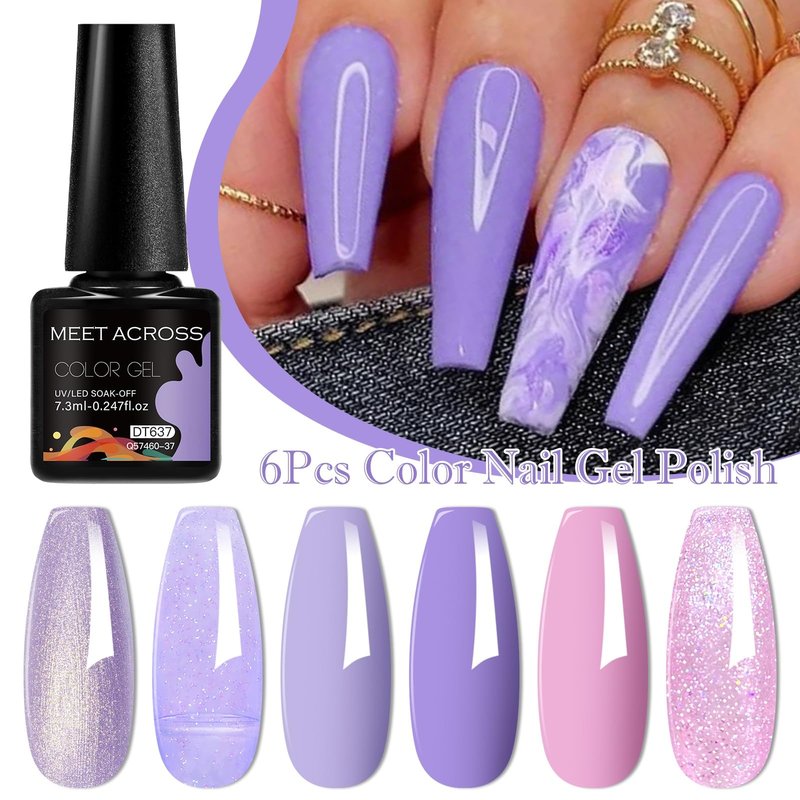 MEET ACROSS Gel Nail Polish Set 6 Colors Purple Glitter Gel Nail Polish Neutral Pearl Pink Shimmer Mermaid Nail Drawing Soak Off LED Art Kit Salon DIY Gift for Women