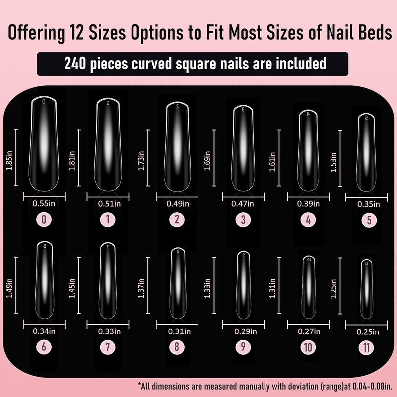 Skiennix Curved Square Nail Tips - Full Cover Clear XXL Acrylic Fake Nails | 240pcs in 12 Sizes