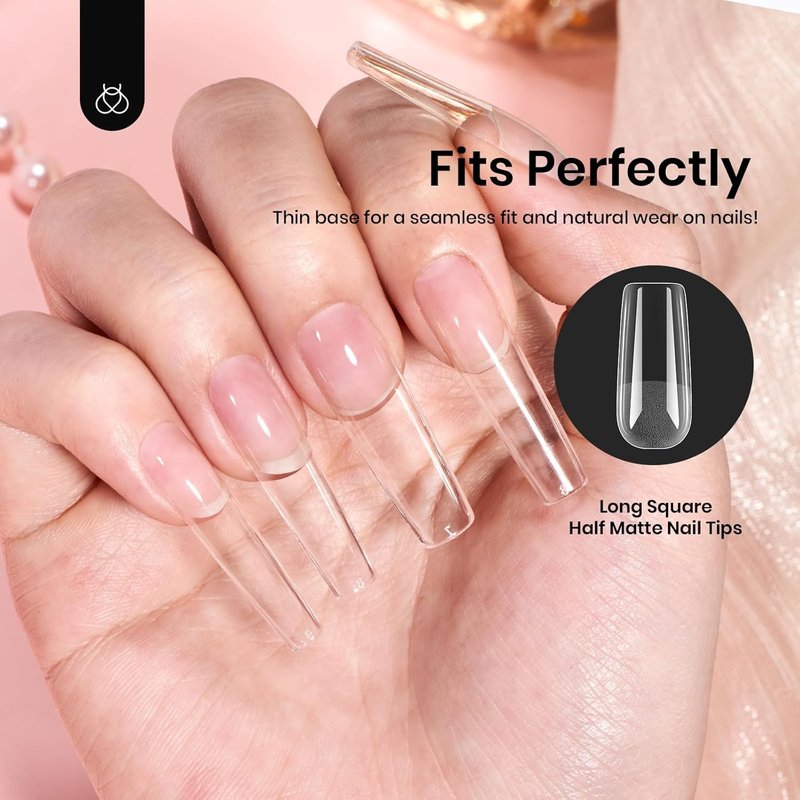 Beetles Gel Nail Tips - Long Square 288 Pcs Half Matte Press-On Nails | 12 Sizes for DIY Nail Art