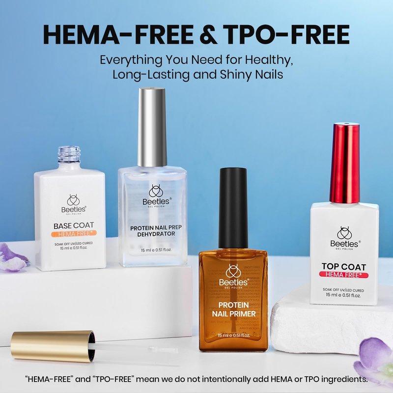 Beetles HEMA Free & TPO Free Protein Nail Dehydrator & Primer with Gel Top Coat and Base Coat Set Soak Off UV LED Gel Nail Polish Foundation Kit for Long Lasting Manicure Gifts