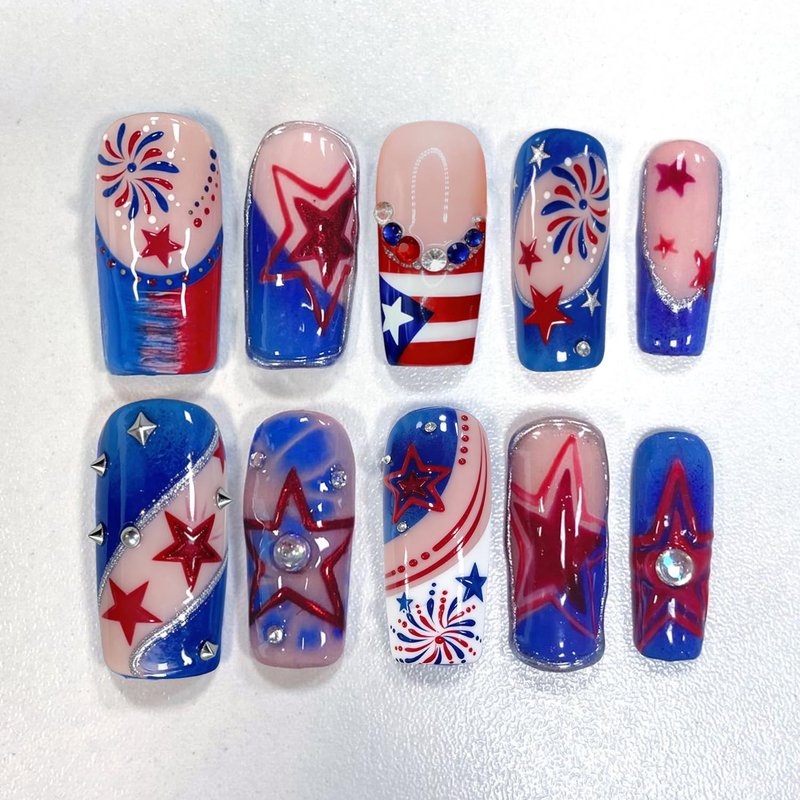 24Pcs 4th of July Press on Nails Medium Square French Tip Fake Nails Independence Day Red White Blue Glitter Designs Patriotic Firework False Nails American Flag Glue on Nails DIY for Women Decoration